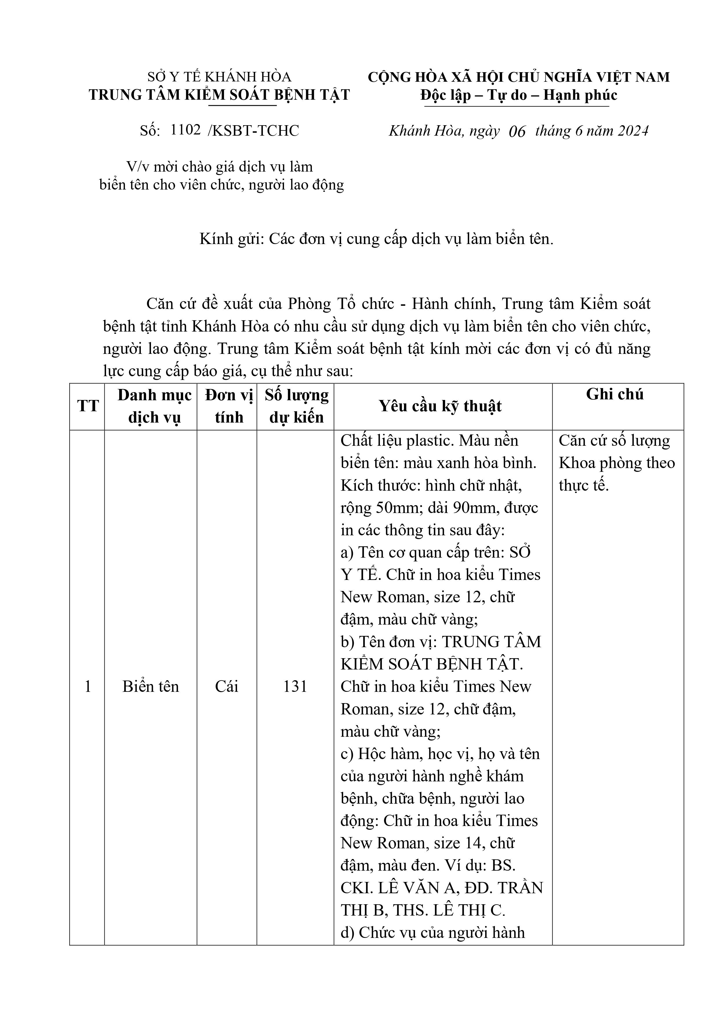 Mời chào giá dịch vụ làm biển tên cho viên chức, người lao động